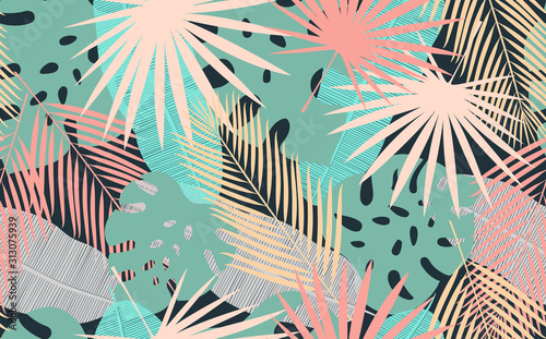 Vector Seamless Pattern with Tropical Leaves.