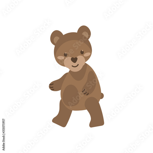 Small Teddy bear isolated on white background. Cartoon animal in flat style. Brown bear for children's design