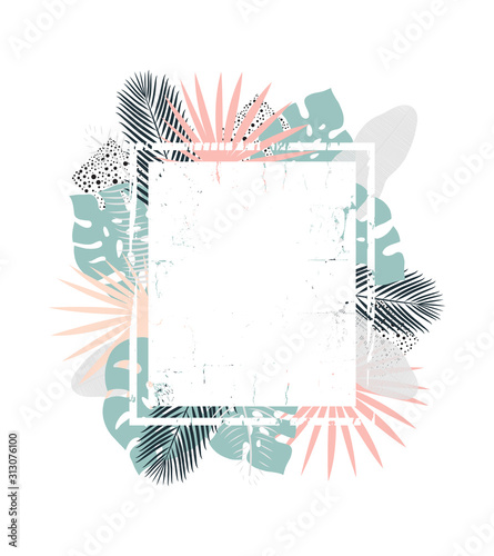 Vector Grunge White Frame with Tropical Leaves Around.