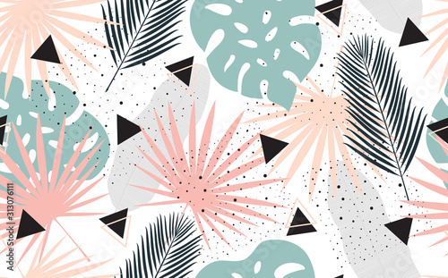 Vector Seamless Pattern with Tropical Leaves.