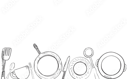 Background with Utensils. Cooking Horizontal Pattern. Vector illustration. photo