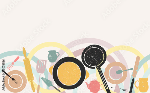 Background with Utensils and Food. Cooking Horizontal Pattern. Vector illustration.