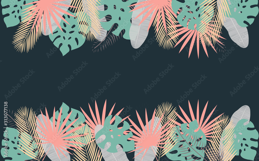 Seamless Tropical Pattern. Background with Exotic Plants Leaves. Fashion  Print .Vector illustration. - obrazy, fototapety, plakaty 
