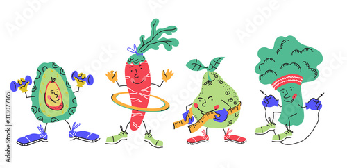 Sportive vegetables and fruits - avocado, carrot, pear and broccoli cartoon characters doing workout exercises, vector illustration isolated. Fitness and healthy lifestyle, dieting and sports.