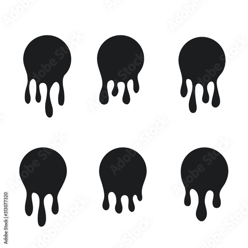 Dripping oil blob. Drip drop paint or sauce stain drips. Black drippings sauces current round spots, ink paint leak or liquid chocolate vector isolated icons set
