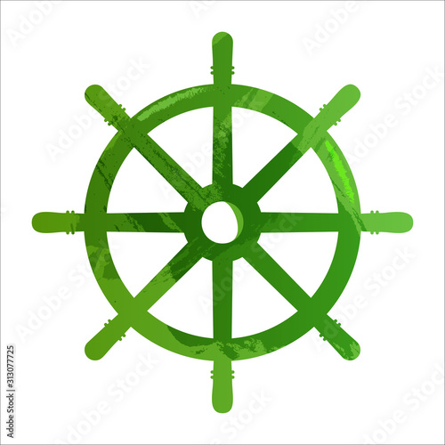 Nautical black helm isolated on white. Ship and boat steering wheel sign. Boat wheel control icon. Rudder label. Vector flat illustration.