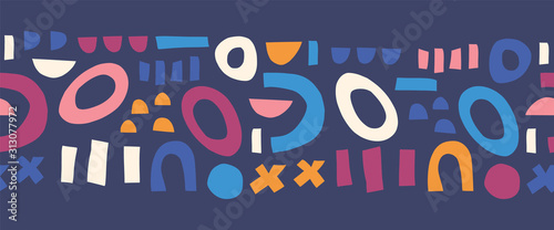 Seamless border abstract shapes blue pink orange white. Repeating vector kids pattern. Contemporary geometric elements puzzle mosaic banner. Modern happy children print. Use for kids decor, ribbons 