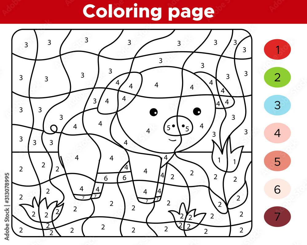 Educational coloring page by numbers. Cute kawaii farm character - pig with flower. Preschool worksheet activity page.