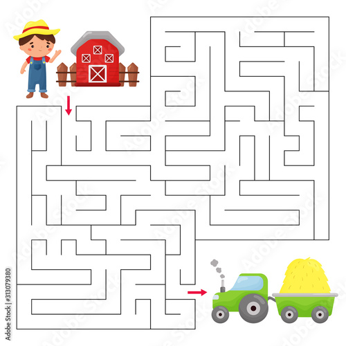 Educational maze game for children. Help the farmer find right way to the tractor. Kawaii cartoon character.
