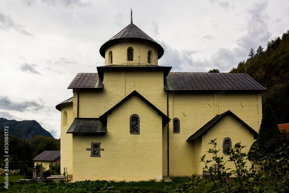 The Library, courtyard, the belfry and the church of  Assumption of Mary in Serbian Orthodox monastery (cloister) Moracha in Montenegro, founded in 1252,  Rascian architectural style, frescoes