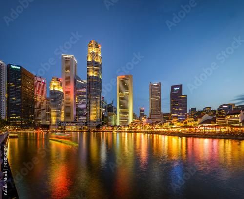 Central Business District  Singapore - Aug 2019 - CBD view Merlion from Marina By blue hour sunset lights