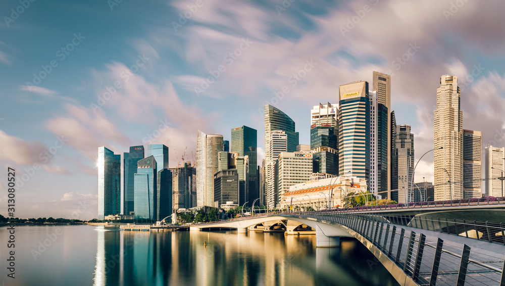 Merlion Central Business District, Singapore - Aug 2019 - CBD view Merlion from Marina By sunrise