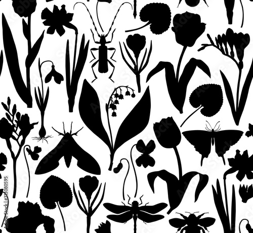 First spring flowers background.  Floral elements, insects silhouettes. Botanical illustrations. Garden and forest plants seamless pattern.