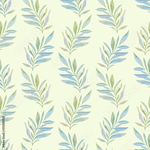 Branches with leaves on a green background. Seamless botanical pattern of watercolor leaves. Graceful leaves for printing on paper and fabric.