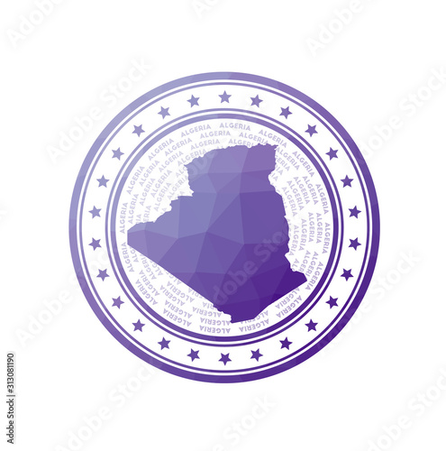 Flat low poly stamp of Algeria. Polygonal Algeria badge. Trendy vector logo of the country.