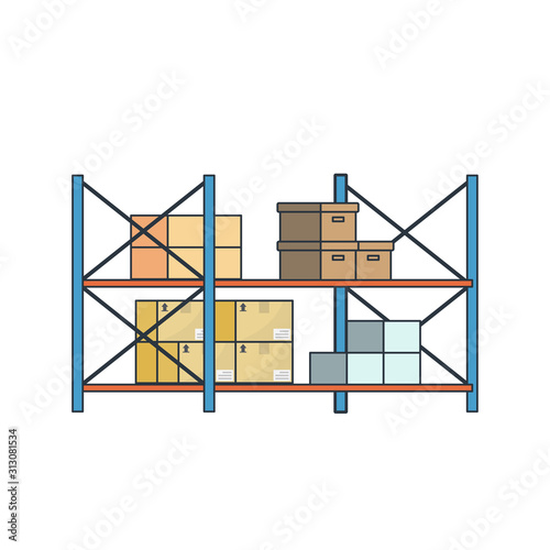 Corrugated box on the steel rack in warehouse 2D flat vector set