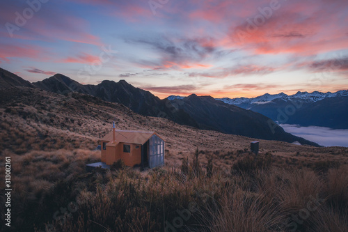 Sunrise over Mt, Brown hut, New Zealand photo