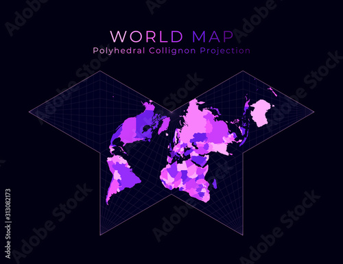 World Map. Collignon butterfly projection. Digital world illustration. Bright pink neon colors on dark background. Stylish vector illustration.