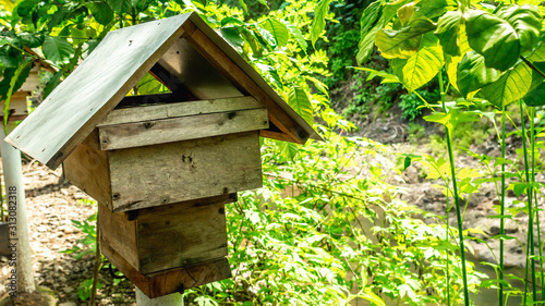 Artificial wooden house of stingless bee / Trigona sp in the coffe plantation in Purworejo, Central Java photo