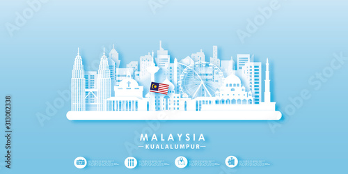 Malaysia Travel postcard, poster, tour advertising of world famous landmarks in paper cut style. Vectors illustrations
