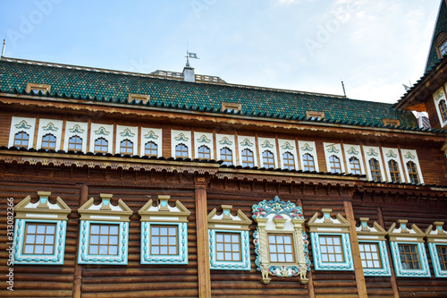  Wooden Palace Of Moscow Kolomenskoye  - colorful Tourism landmark attractions in Russia - royal old palace with golden cyan brown green white colors made out of wood photo