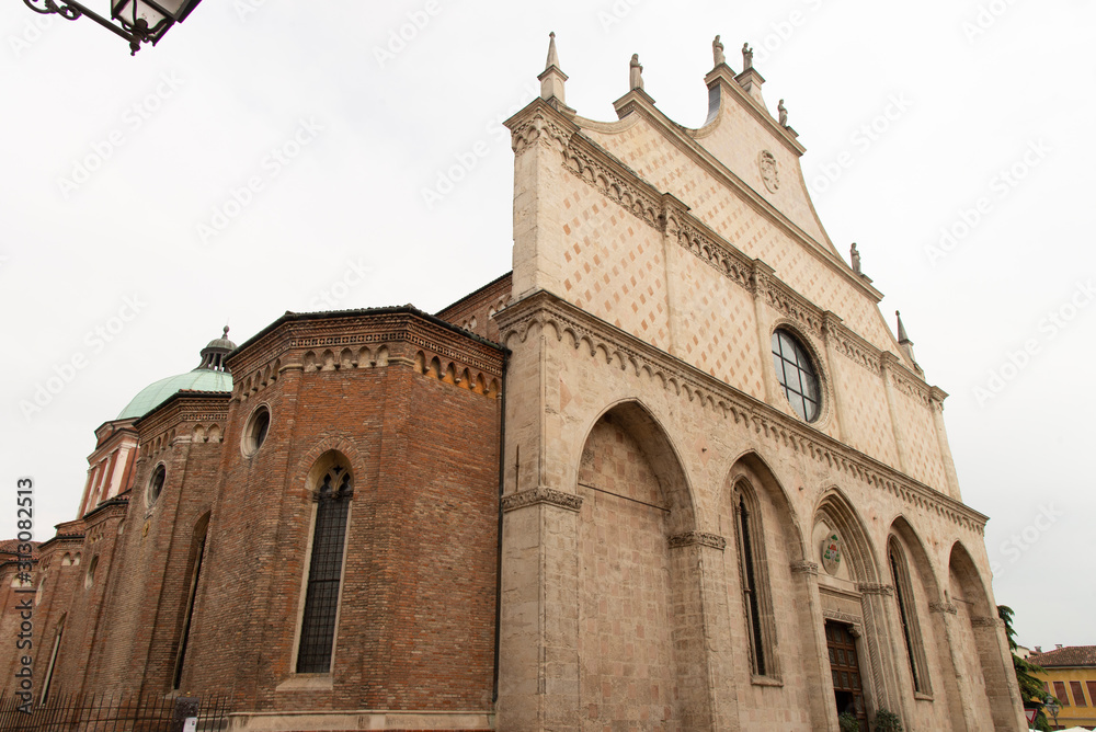 Church of Santa Maria Annunciata Cathedral in Vicenza, Italy. Ornate Italian Gothic facade completed in 1467.
