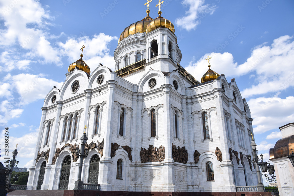 Russian Orthodox Church in Moscow - White with gold Dome , the Cathedral of Christ the Saviour 
