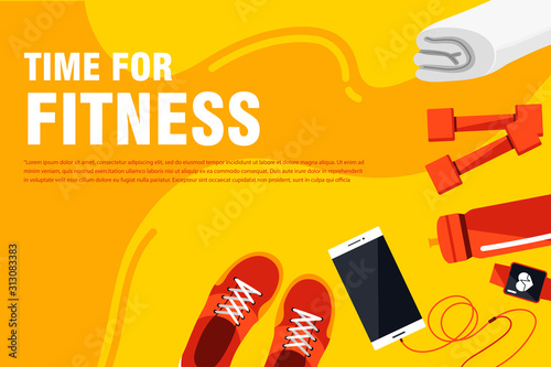 Sports exercise fitness workout concept flat icons banners template set gym training regime get fit dream body vector web illustration website click infographics elements