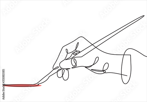 hand of the artist in a flat style holding the brush.Vector continuous line.