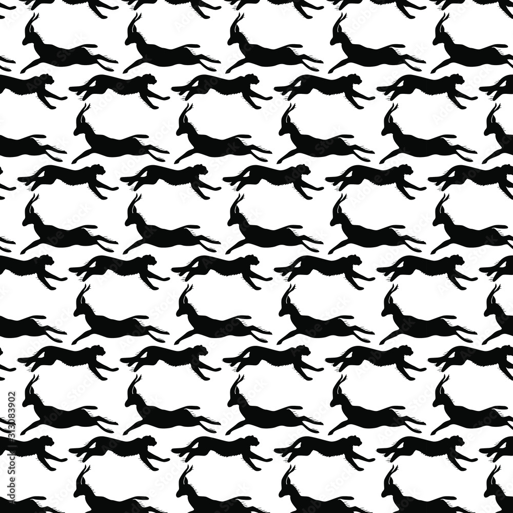 Running jaguar and running antelope are drawn in black silhouettes. Wild animals. Hishnik and herbivore. Running jaguar and running antelope are drawn in black silhouettes. Wild animals. Hishnik and herbivore.
