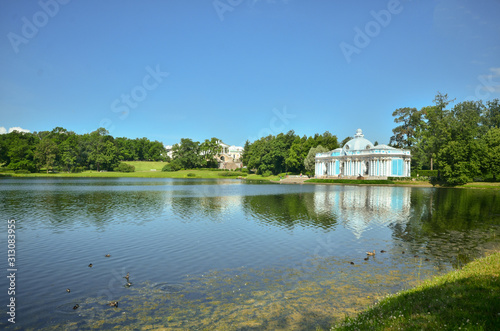 background for Russian old elegant heritage Church White and Blue in st petersburg pushkin park 