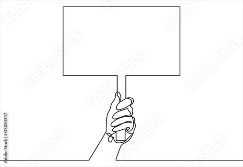 Continuous one line drawing hand holding signboard. illustration concept 