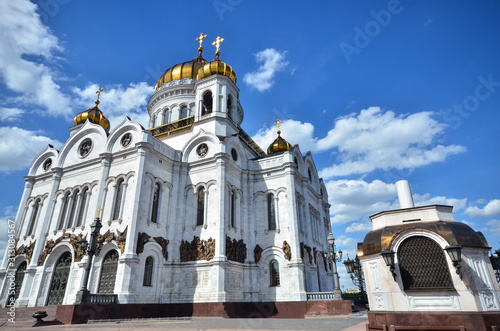 Russian Orthodox Church in Moscow - White with gold Dome , the Cathedral of Christ the Saviour 
