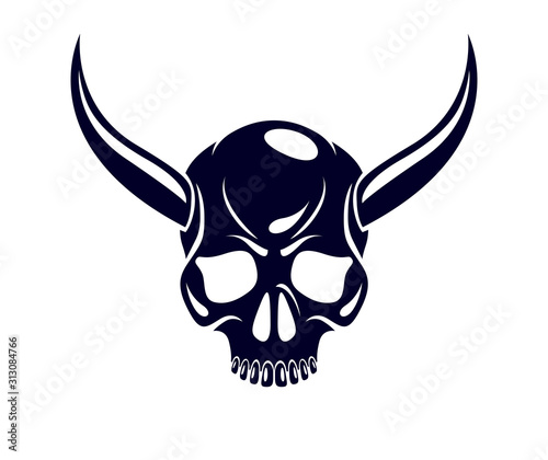 Devil sign horned skull vector illustration classic style tattoo, dead scull with animal horns.