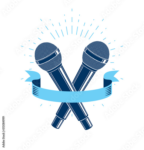 Two microphones vector logo or emblem isolated on white, MC rapper or rap battle concept, stand up comic or radio, blogger.
