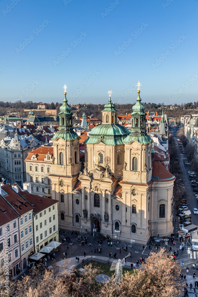 Old Town of Prague, Czech Republic. Aerial view of the gothic Tyn cathedral.