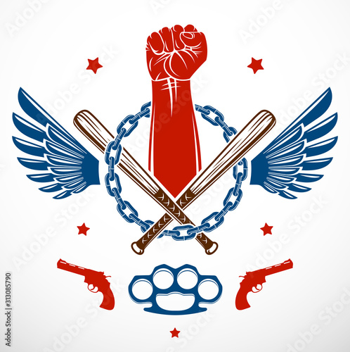 Anarchy and Chaos aggressive emblem or logo with strong clenched fist, weapons and different design elements , vector vintage style tattoo, rebel rioter partisan and revolutionary.