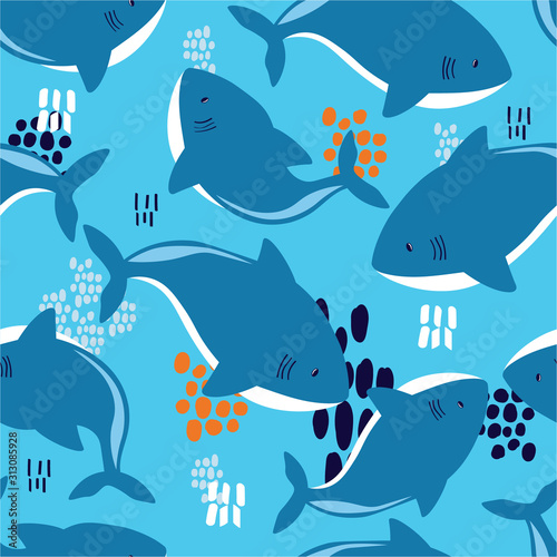 Sharks, hand drawn seamless pattern. Marine background vector. Colorful illustration, overlapping backdrop with fishes. Decorative cute wallpaper, good for printing
