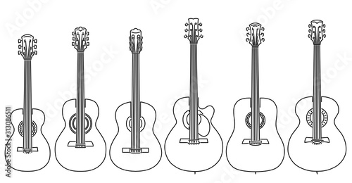 Set of vector stringed musical instruments drawn by lines.