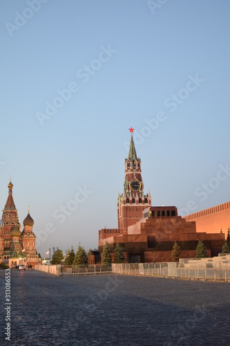 Historic Red Building in Red Square / Kremlin touristic Area in Moscow Russia , Soviet landmark attraction