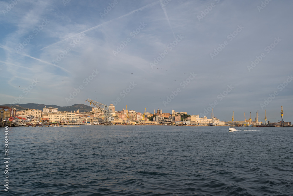Italy, Liguria, Panoramic view of Genoa from the sea