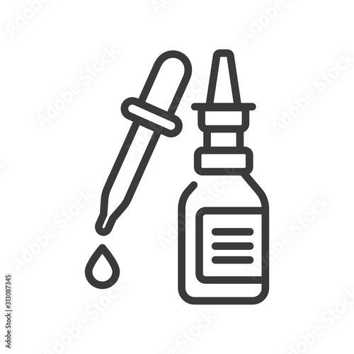 Nasal drops line black icon. Container with medical drug for nose. Rhinitis cure. Treatment infectious diseases, colds, flu, allergy. Sign for web page, mobile app, button, logo. Vector isolated sign.