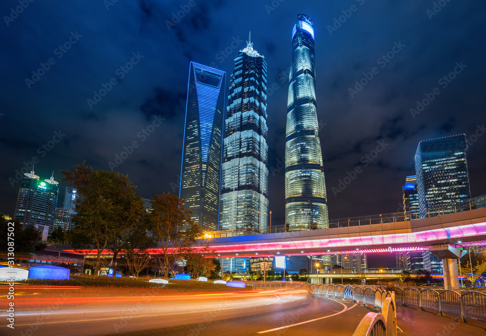 under the pedestrian bridge of shanghai cityscape at night, China