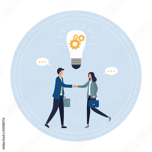 A business man and a woman with briefcases made a deal. The concept of mutually beneficial cooperation, partnership, generation of new ideas, promotion of a startup. Vector flat illustration on a whit