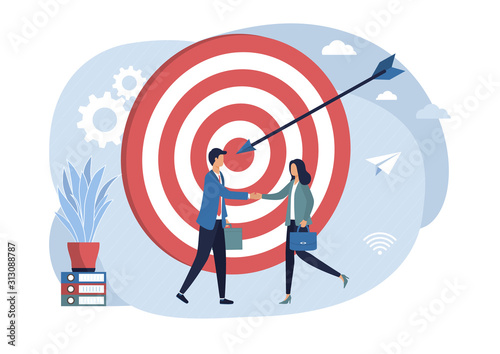 Creative man and woman shake hands. The concept of achieving the company's goal, partnership, long-term planning and management strategy, teamwork. Vector flat illustration on a white background.