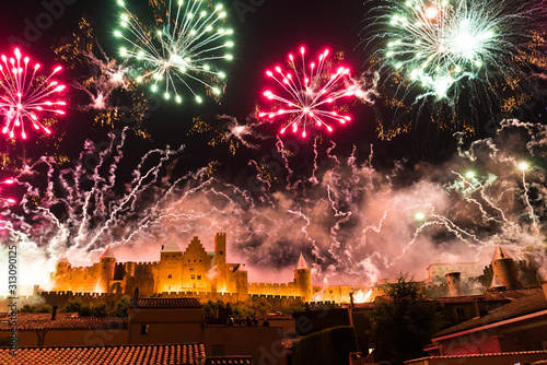 Obraz na płótnie fireworks over Carcassonne city castle in france