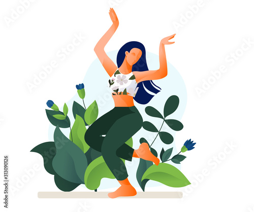 Happy dancing girl or woman dancing outdoor vector illustration. Morning dance. Aerobic fitness dance. 
