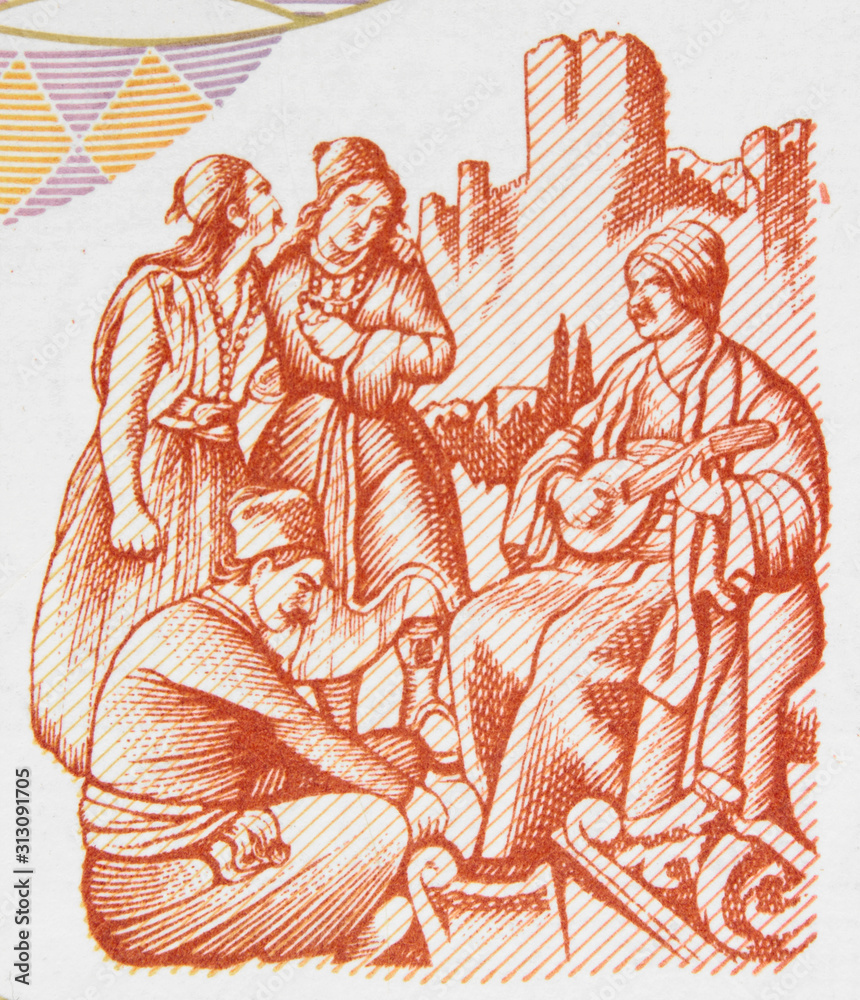 Greeks in traditional clothes on Greece 200 drachma (1996) close up. Vintage engraving.