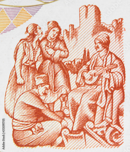 Greeks in traditional clothes on Greece 200 drachma  1996  close up. Vintage engraving.