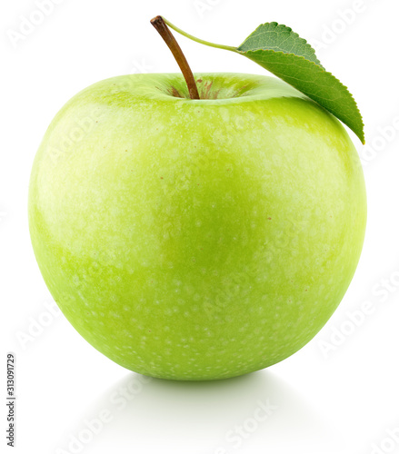 Single green apple fruit with green leaf isolated on white background. Granny smith apple with clipping path. Full Depth of Field